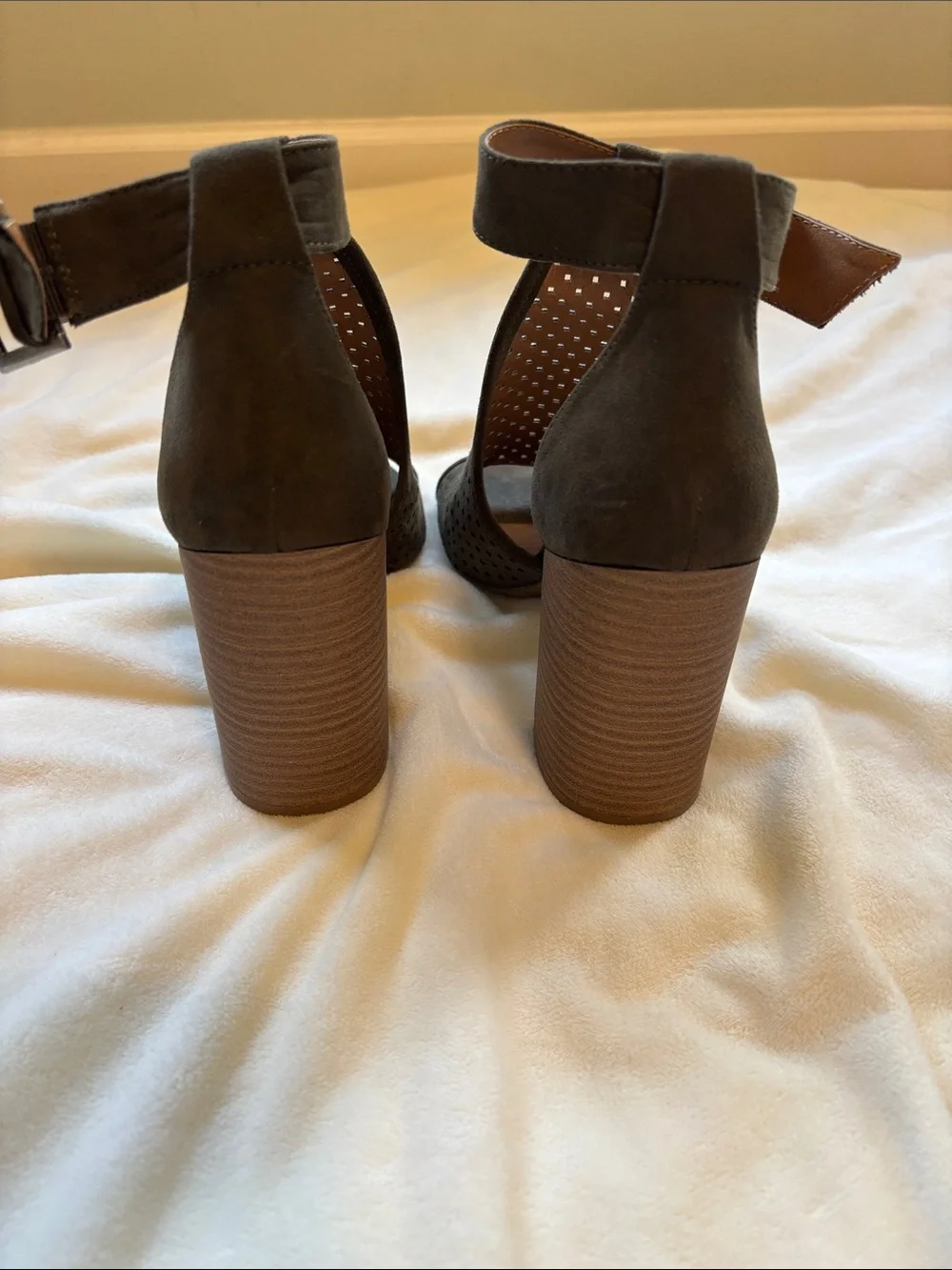 Women's Olive Suede Peep-Toe Ankle Strap Heels